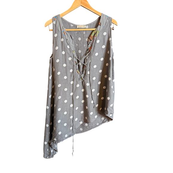 TALIA BENSON | Gray Polka Dot Linen Asymmetrical Lace up Neckline Tank | Medium - Picture 1 of 9